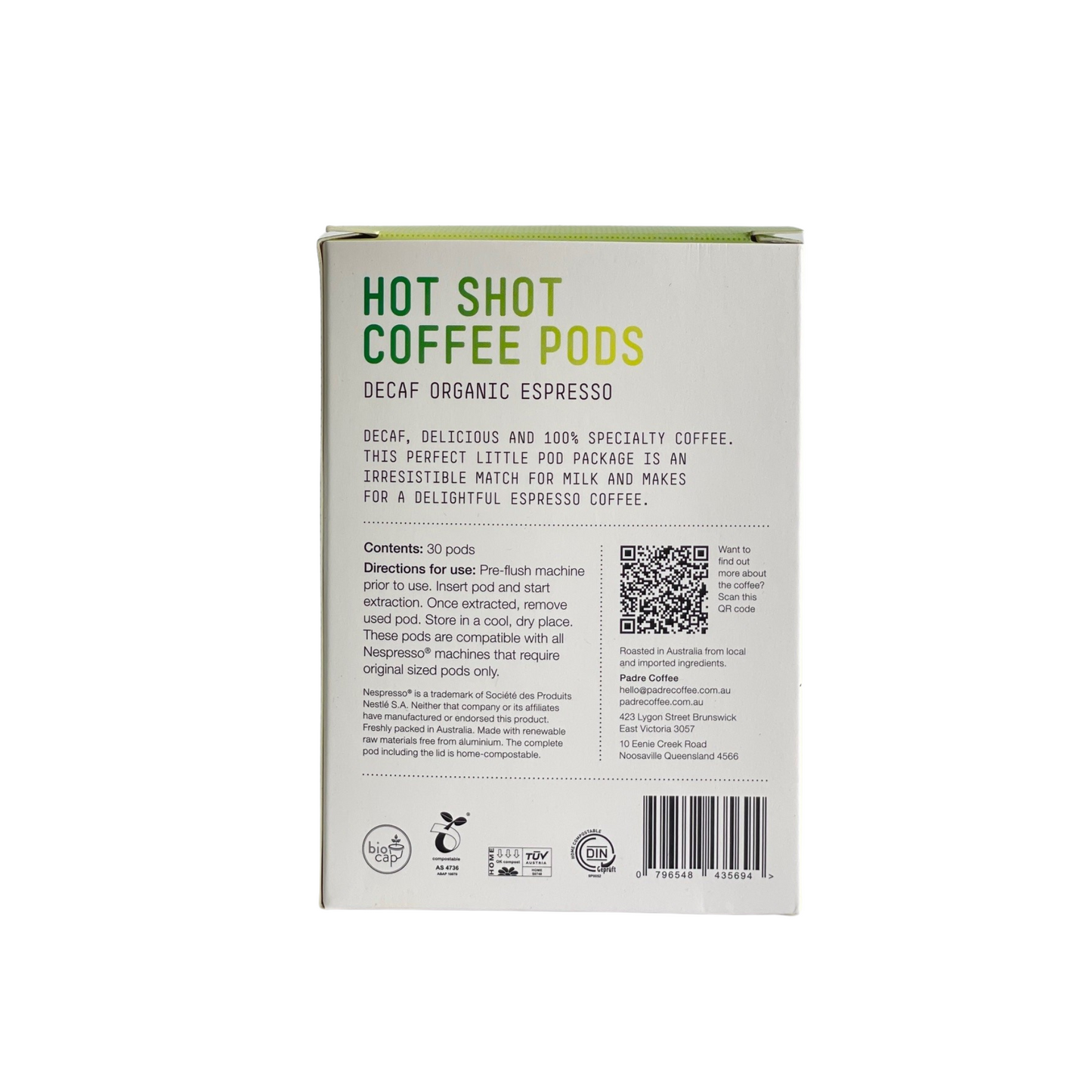 Padre Organic Decaf Coffee Pods Nespresso Compatible. Box Back